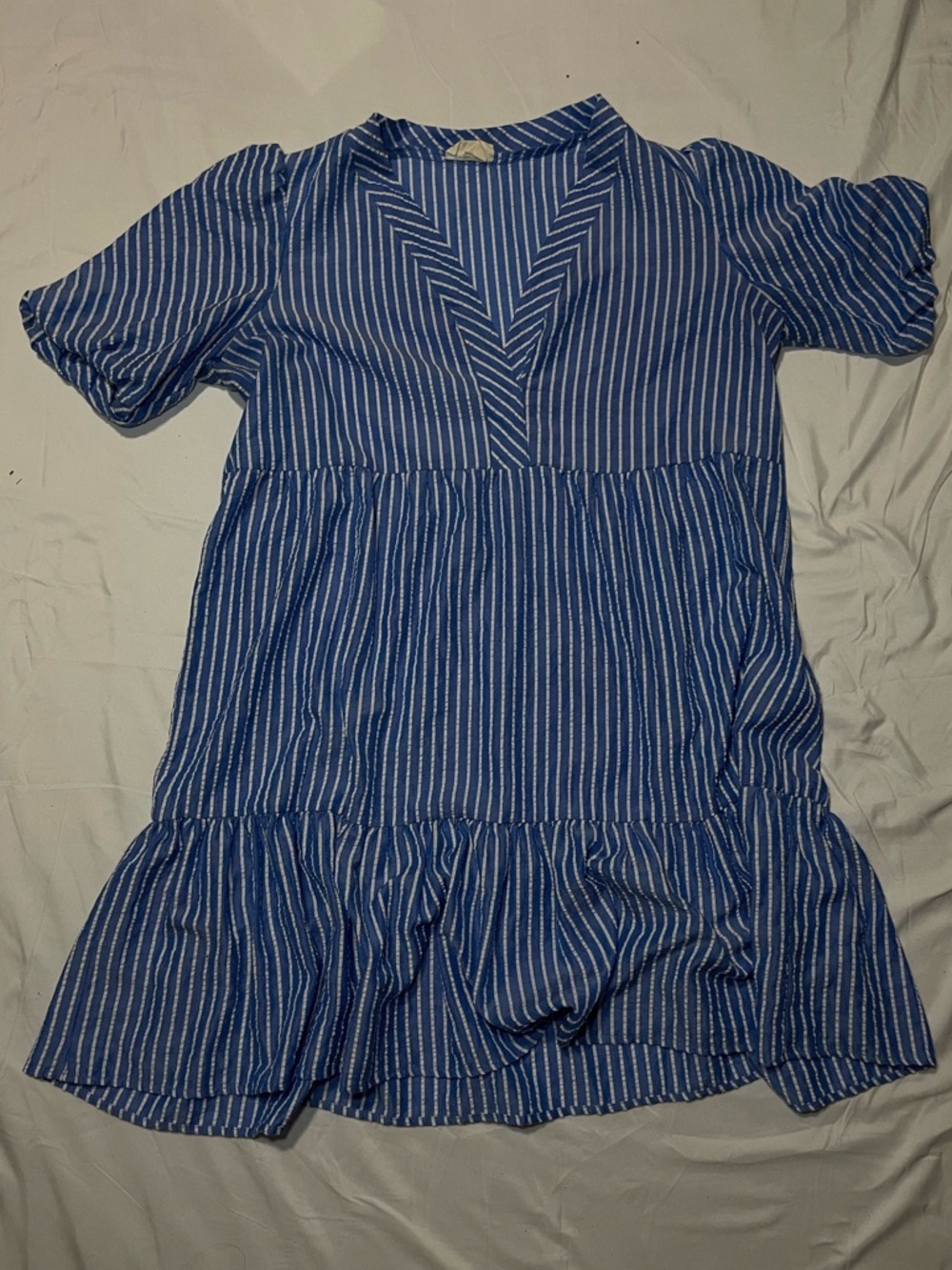 Blue Striped Midi Dress - Casual V-Neck Tiered Dress